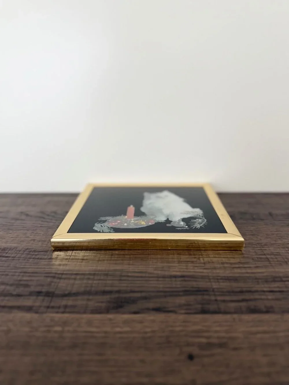 Vintage Kafka Gold Framed‎ Metallic Foil Persian Cat Kitten Christmas Art Print